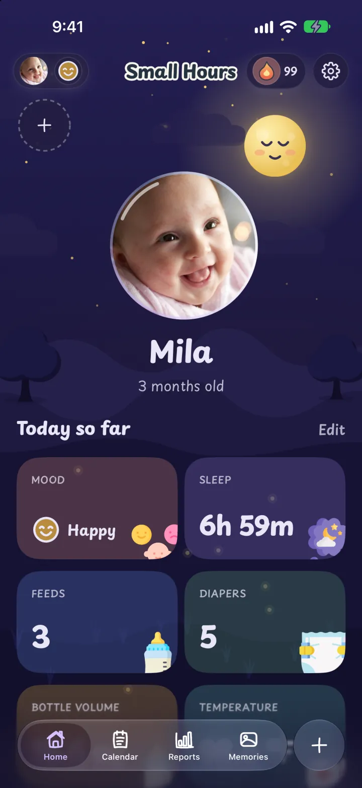 The Small Hours Home screen with Mila's photo and today's mood, sleep, feeds and diapers.
