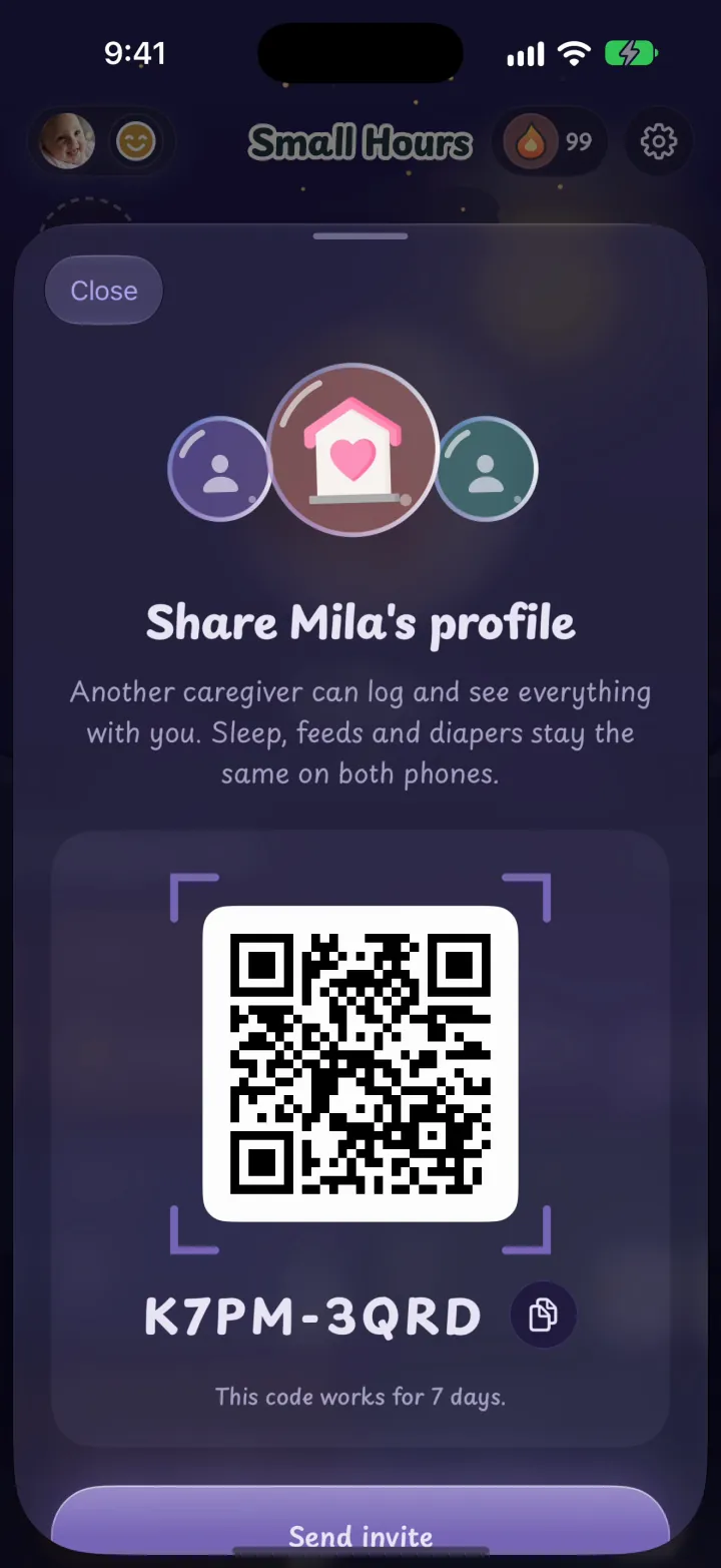The Share Mila's profile sheet with a QR code and the code K7PM-3QRD.